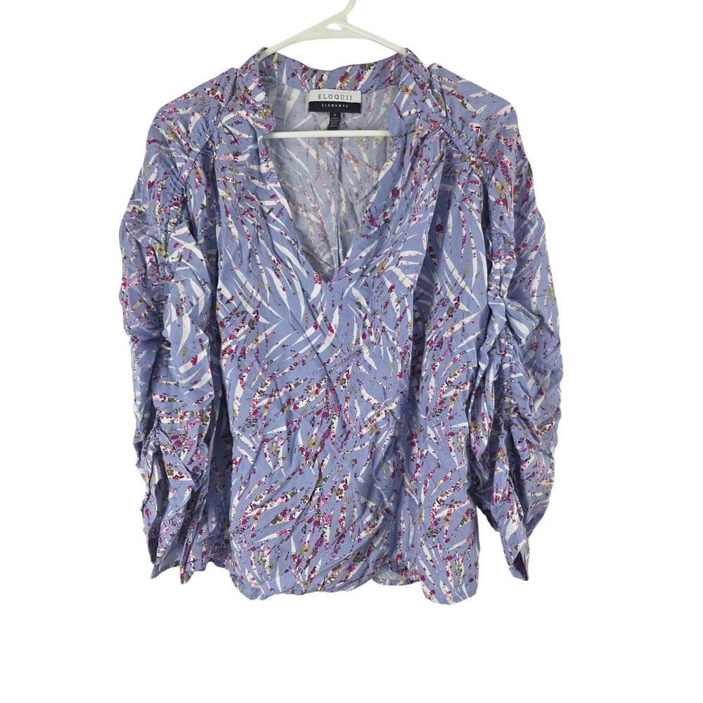 Eloquii Rouched Sleeve Blouse 18‎ Womens Plus Size V Neck Blue Cottage Core